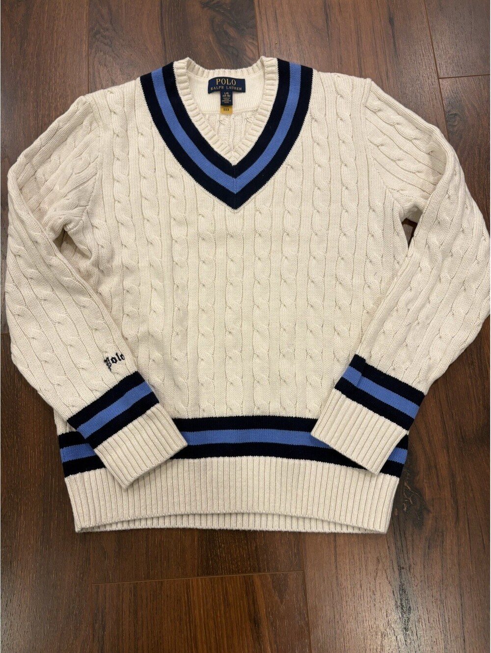 Polo Ralph Lauren Boy L White Cricket Cable Knit V Neck Sweater Cotton 14-16